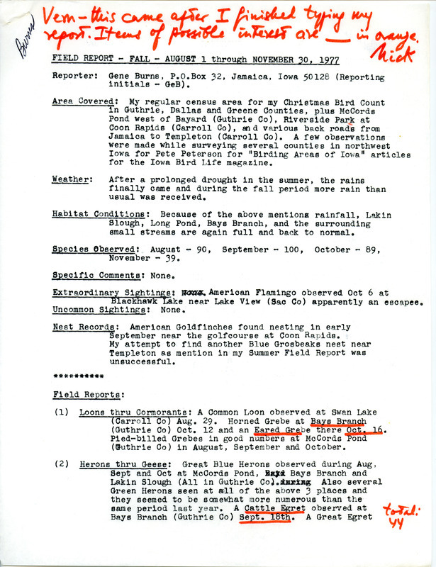 List of birds and locations contributed by Gene Burns. This item was used as supporting documentation for the Iowa Ornithologists Union Quarterly field report of fall 1977.