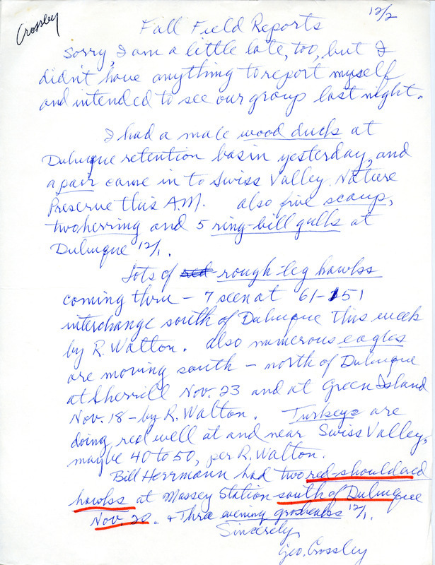 List of birds and locations contributed by George E. Crossley with observers Robert Walton and William Herrman. This item was used as supporting documentation for the Iowa Ornithologists Union Quarterly field report of fall 1977.