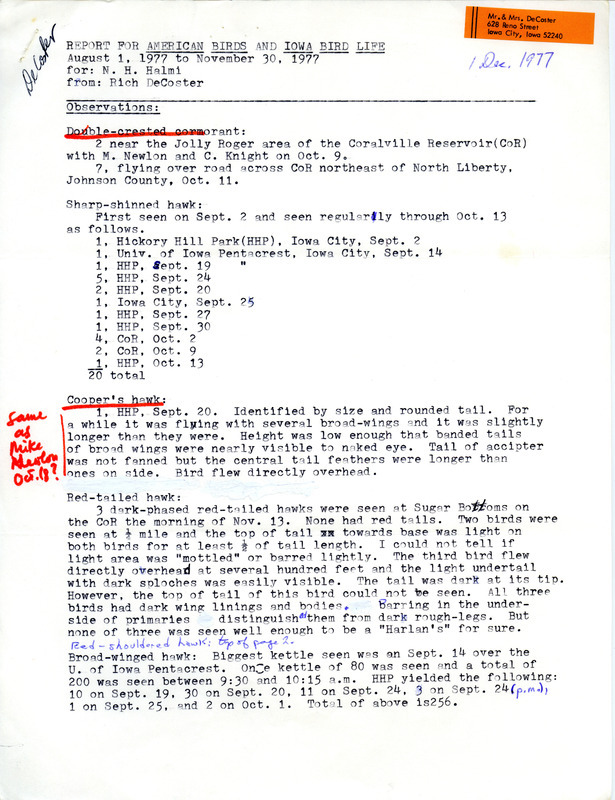 Report of bird sightings submitted by Rich DeCoster from August 1, 1977 to November 30, 1977. This item was used as supporting documentation for the Iowa Ornithologists Union Quarterly field report of fall 1977.