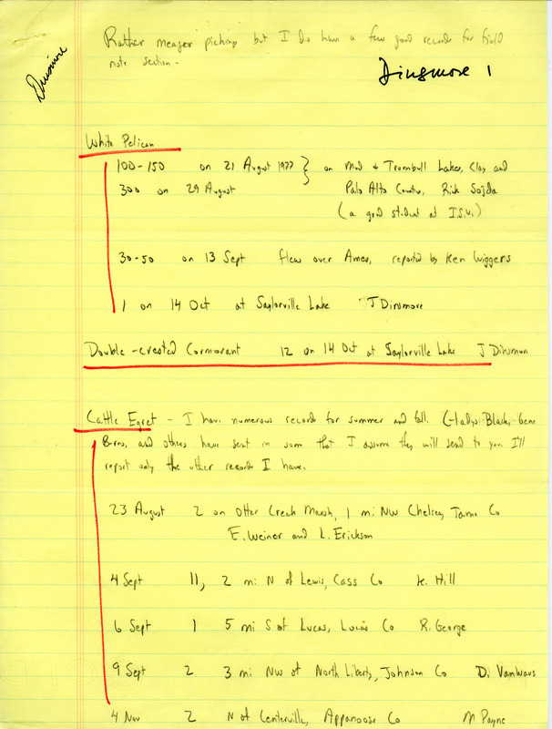 Field notes contributed by James J. Dinsmore with observers Richard Sojda, Gene Burns, Gladys Black and others . This item was used as supporting documentation for the Iowa Ornithologists Union Quarterly field report of fall 1977.