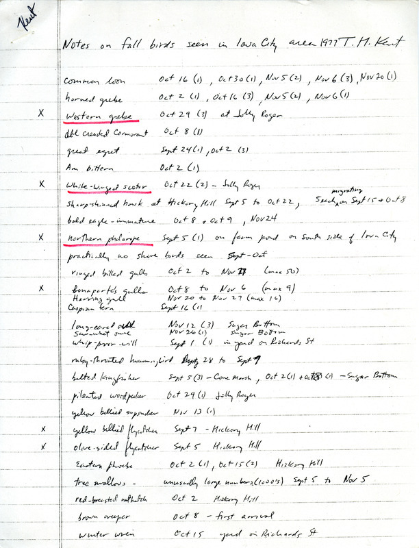 List of birds and locations contributed by Thomas H. Kent. The field notes include a verifying documentation of an extraordinary sight record of a Grasshopper Sparrow. This item was used as supporting documentation for the Iowa Ornithologists Union Quarterly field report of fall 1977.