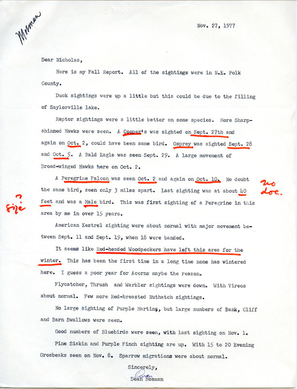 Field notes contributed by Dean Mosman in a letter to Nicholas S. Halmi. This item was used as supporting documentation for the Iowa Ornithologists Union Quarterly field report of fall 1977.