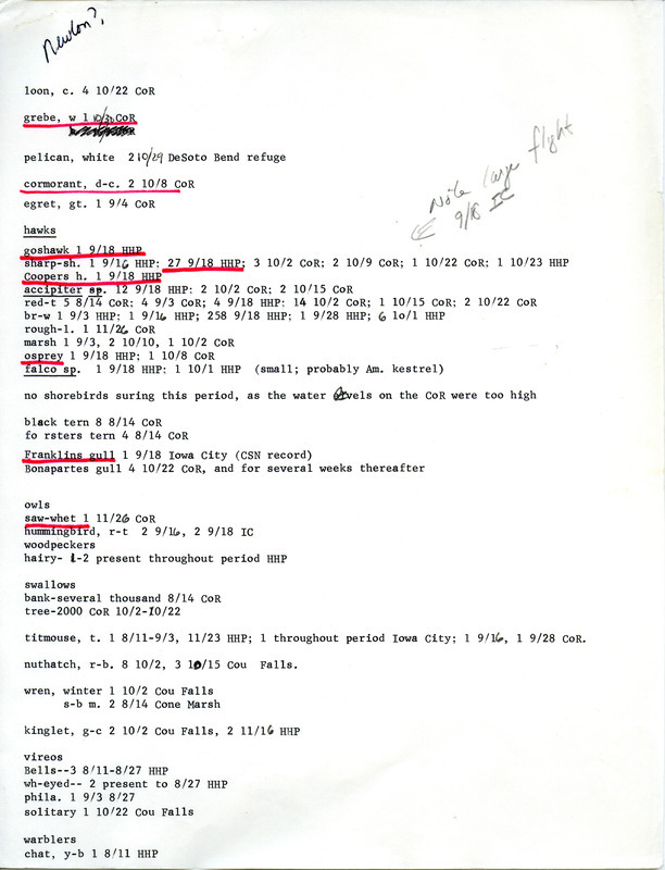 List of birds and locations contributed by Michael C. Newlon. Field notes include an attached list of species observed by other birders. This item was used as supporting documentation for the Iowa Ornithologists Union Quarterly field report of fall 1977.