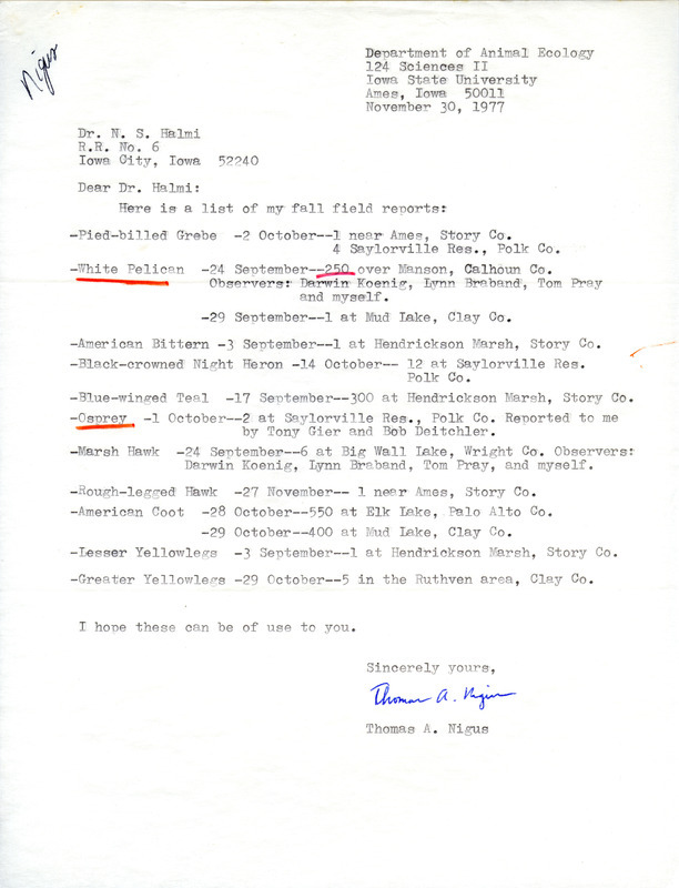 Field notes contributed by Tom Nigus in a letter to Nicholas S. Halmi with observers Darwin Koenig, Lynn Braband, Tom Pray and others. This item was used as supporting documentation for the Iowa Ornithologists Union Quarterly field report of fall 1977.