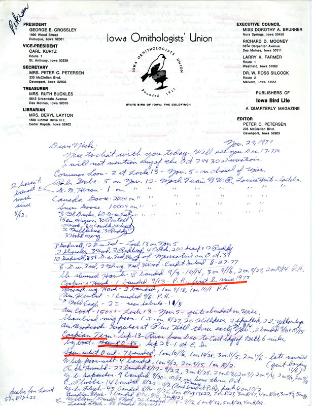 Field notes contributed by Peter C. Petersen in a letter to Nicholas S. Halmi. The field notes include a report with Flycatcher, Thrush, Vireo and Warbler migration birds banded. This item was used as supporting documentation for the Iowa Ornithologists Union Quarterly field report of fall 1977.