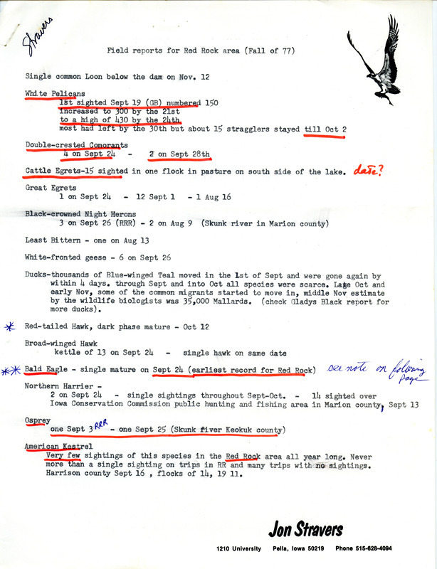 List of birds and locations contributed by Jon Stravers. This item was used as supporting documentation for the Iowa Ornithologists Union Quarterly field report of fall 1977.