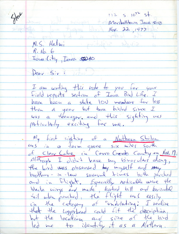 Field notes contributed by Curtis E. Krieger in a letter to Nicholas S. Halmi regarding his sighting of a Northern Shrike near Clear Lake. The field notes include a detailed description of the bird. This item was used as supporting documentation for the Iowa Ornithologists Union Quarterly field report of fall 1977.