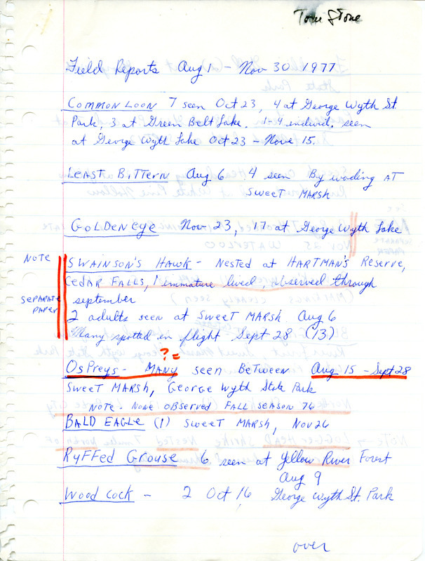 List of birds and locations contributed by Tom Stone. The field notes include a detailed description of two nesting Swainson's Hawks and a late observation of a Ruby-throated Hummingbird. This item was used as supporting documentation for the Iowa Ornithologists Union Quarterly field report of fall 1977.