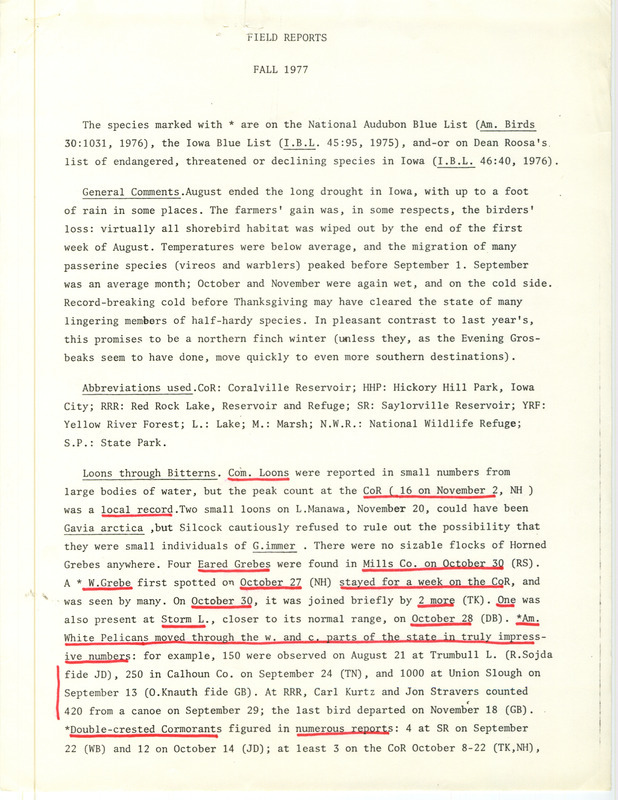 Quarterly field report for the fall of 1977 titled "Field reports fall 1977."