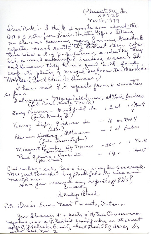 Field notes contributed by Gladys Black in a letter to Nicholas S. Halmi. The field notes detail the many reports she has received on Evening Grosbeak sightings in Iowa.This item was used as supporting documentation for the Iowa Ornithologists Union Quarterly field report of fall 1977.