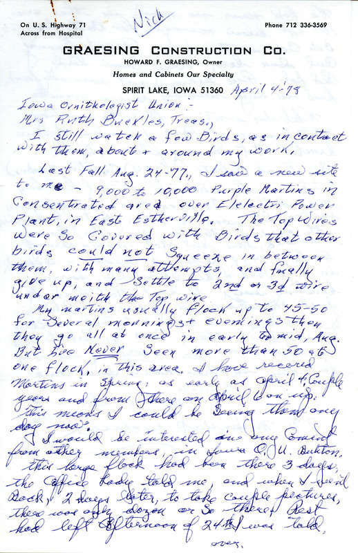 Letter from Howard Graesing to Ruth Buckles regarding bird sightings, April 4, 1978. This item was used as supporting documentation for the Iowa Ornithologists Union Quarterly field report of winter, 1977-1978.