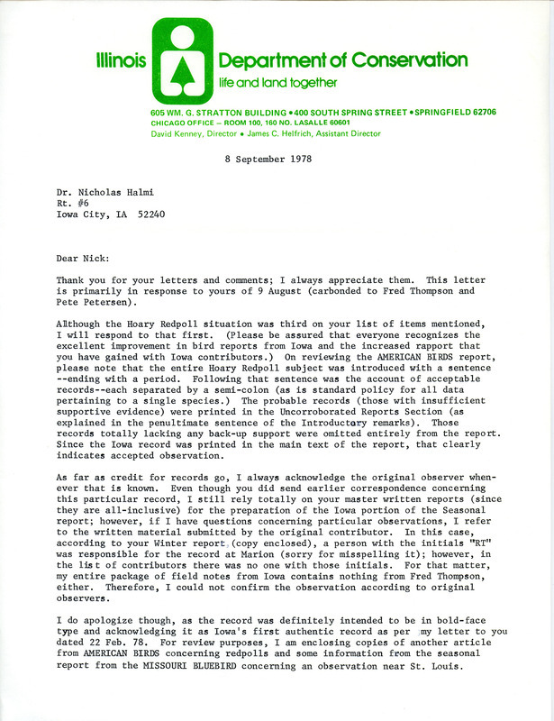 Letter from Vernon M. Kleen to Nicholas S. Halmi regarding editorial details and corrections for the publication of bird reports, September 8, 1978. The item includes clippings of articles from American Birds and Missouri Bluebird. This item was used as supporting documentation for the Iowa Ornithologists Union Quarterly field report of winter, 1977-1978.