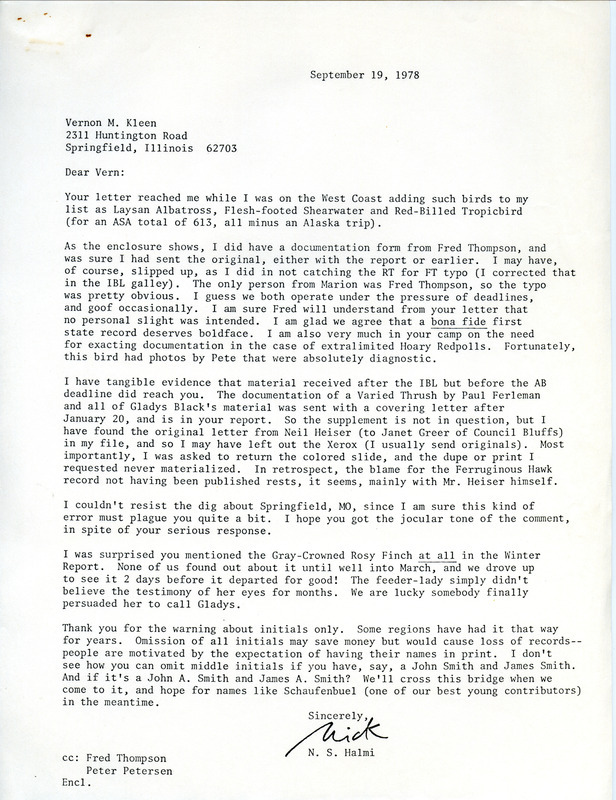 Letter from Nicholas S. Halmi to Vernon M. Kleen regarding editorial details and corrections in the publication of bird sighting reports. September 8, 1978. This item was used as supporting documentation for the Iowa Ornithologists Union Quarterly field report of winter, 1977-1978.