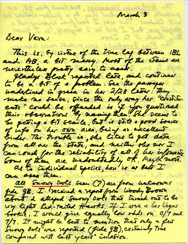 Letter from Nicholas S. Halmi to Vernon M. Kleen regarding bird sightings, March 3, 1978. Sightings of the following birds are underlined: Snowy Owls, Bohemian Waxwings, Pine Grosbeaks, White-Winged Crossbills, and Red Crossbills. This item was used as supporting documentation for the Iowa Ornithologists Union Quarterly field report of winter, 1977-1978.