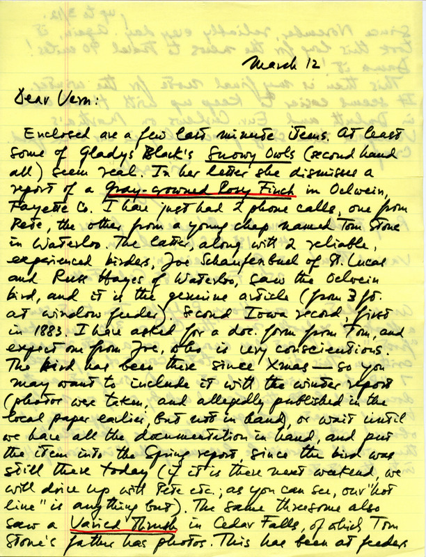 Letter from Nicholas S. Halmi to Vernon M. Kleen regarding bird sightings, March 12, 1978. Several bird types are underlined: Grey-Crowned Rosy Finch, Varied Thrush, and a Hoary Redpoll. This item was used as supporting documentation for the Iowa Ornithologists Union Quarterly field report of winter, 1977-1978.