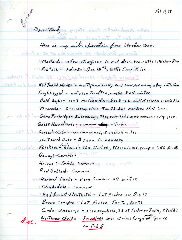 Letter from Dick Bierman to Nicholas S. Halmi regarding bird sightings near Cherokee Iowa, February 11, 1978. Parts of the document mentioning sightings of Northern Shrikes, Common Redpoll, and Snow Buntings are underlined. This item was used as supporting documentation for the Iowa Ornithologists Union Quarterly field report of winter, 1977-1978.