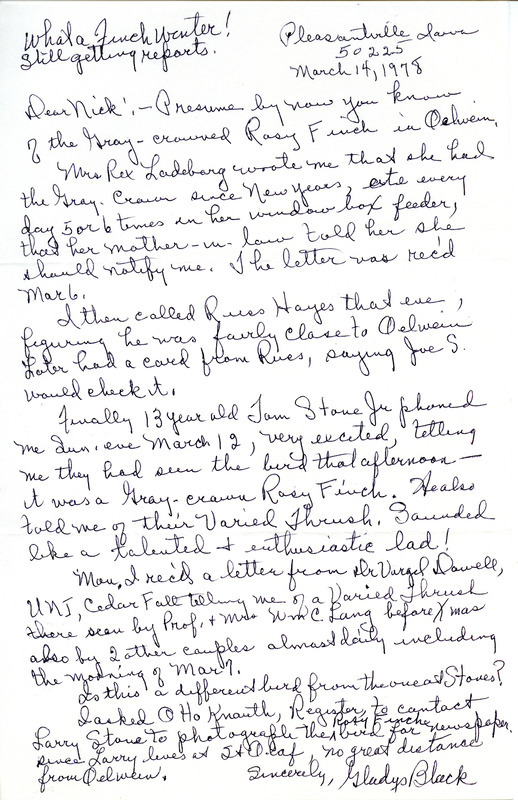 Two letters from Gladys Black to Nicholas S. Halmi regarding bird sightings, respectively dated March 14 and March 21, 1978. This item was used as supporting documentation for the Iowa Ornithologists Union Quarterly field report of winter, 1977-1978.