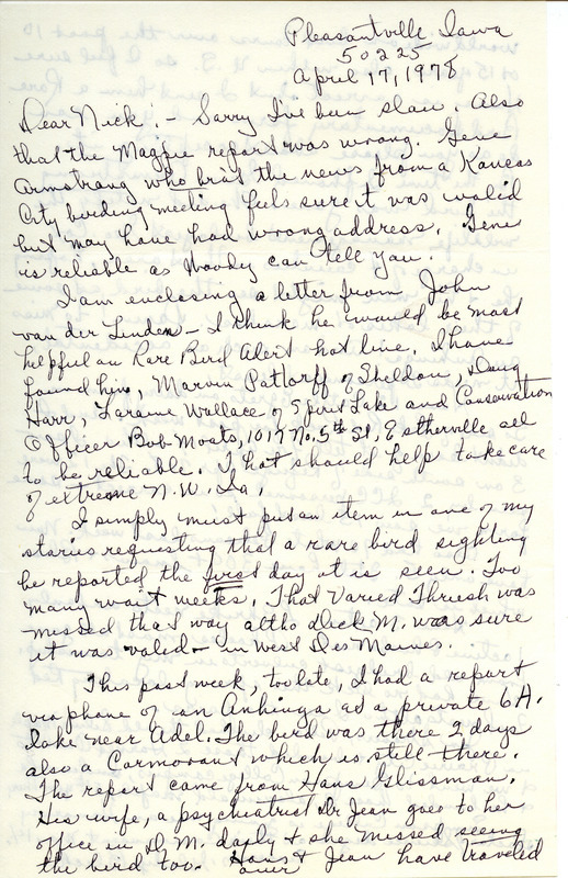 Letter from Gladys Black to Nicholas S. Halmi regarding bird sightings, April 17, 1978. This item was used as supporting documentation for the Iowa Ornithologists Union Quarterly field report of winter, 1977-1978.