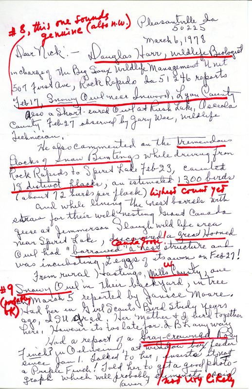 Letter from Gladys Black to Nicholas S. Halmi regarding bird sightings, March 6, 1978. The document contains numerous handwritten annotations throughout. This item was used as supporting documentation for the Iowa Ornithologists Union Quarterly field report of winter, 1977-1978.