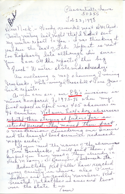 Letter from Gladys Black to Nicholas S. Halmi regarding bird sightings, February 22, 1978. This item includes an map of bird sightings for the state of Iowa. The letter contains several underlined notes and handwritten annotations. This item was used as supporting documentation for the Iowa Ornithologists Union Quarterly field report of winter, 1977-1978.