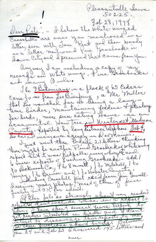 Letter from Gladys Black to Peter C. Petersen regarding bird sightings, February 28, 1978. This item was used as supporting documentation for the Iowa Ornithologists Union Quarterly field report of winter, 1977-1978.