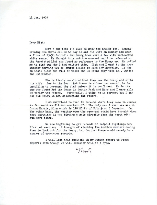 Letter from Woodward H. Brown to Nicholas S. Halmi regarding bird sightings, January 11, 1978. This item was used as supporting documentation for the Iowa Ornithologists Union Quarterly field report of winter, 1977-1978.