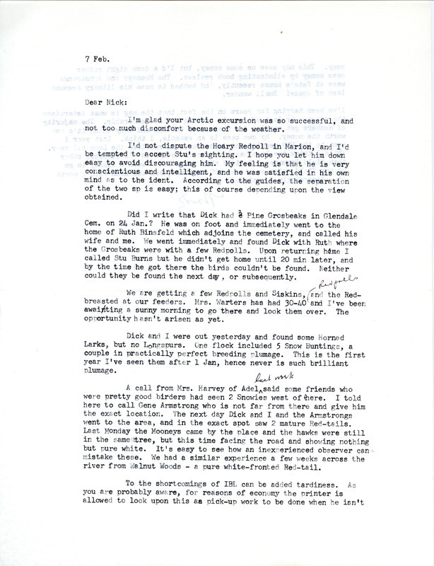 Letter from Woodward H. Brown to Nicholas S. Halmi regarding bird sightings, February 7, 1978. This item was used as supporting documentation for the Iowa Ornithologists Union Quarterly field report of winter, 1977-1978.