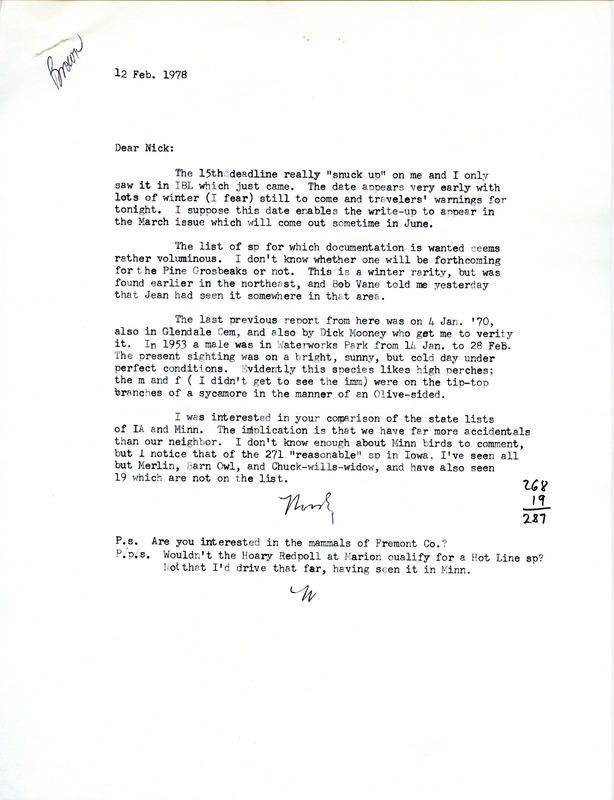 Letter from Woodward H. Brown to Nicholas S. Halmi regarding bird sightings, February 12, 1978. This item was used as supporting documentation for the Iowa Ornithologists Union Quarterly field report of winter, 1977-1978.