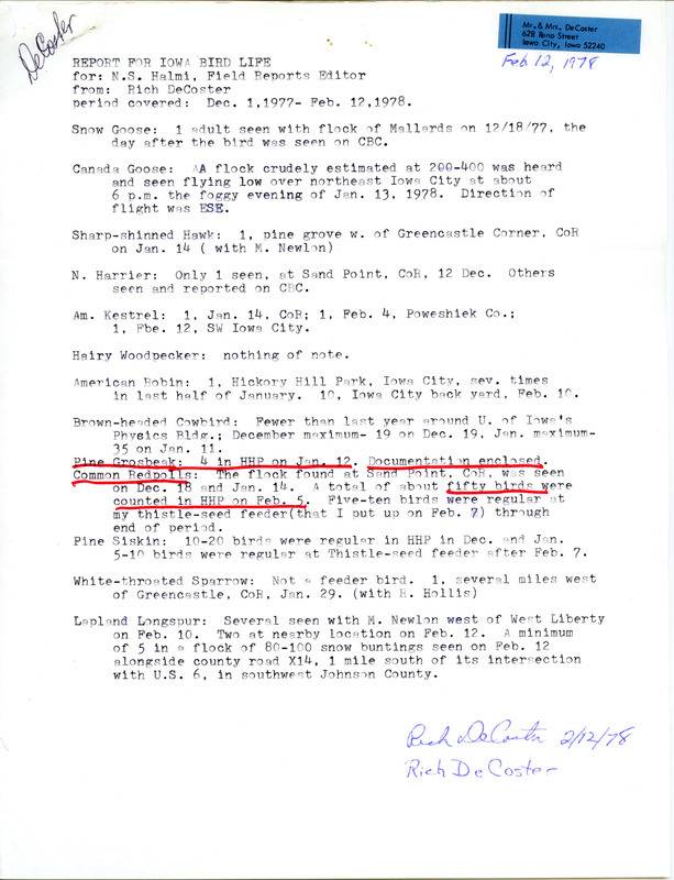 Letter from Rich DeCoster to Nicholas S. Halmi, regarding bird sightings, March 1, 1978, and report for Iowa Bird Life by Rich DeCoster, February 12, 1978.This item was used as supporting documentation for the Iowa Ornithologists Union Quarterly field report of winter, 1977-1978.