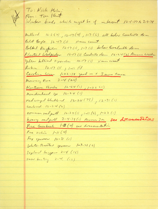 Field notes titled "Winter birds which might be of interest," December 1, 1977 to February 9, 1978, " submitted by Thomas H. Kent to Nicholas S. Halmi. This item was used as supporting documentation for the Iowa Ornithologists Union Quarterly field report of winter, 1977-1978.