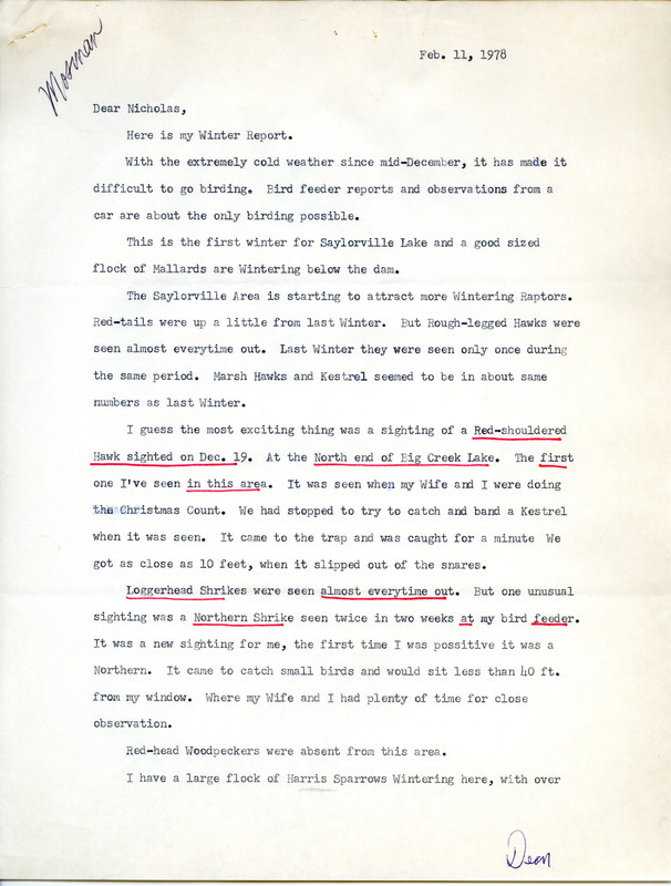 Letter from Dean Mosman to Nicholas S. Halmi regarding bird sightings, February 11, 1978. The following sightings are noted: a Red-Shouldered Hawk, Loggerhead Shrikes, Northern Shrikes, Common Redpolls, and Snow Buntings. This item was used as supporting documentation for the Iowa Ornithologists Union Quarterly field report of winter, 1977-1978.