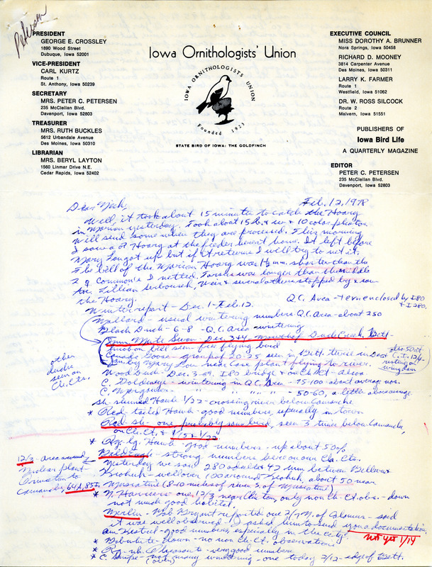 Two letters from Peter C. Petersen to Nicholas S. Halmi regarding bird sightings, dated February 12 and 26, 1978 . This item was used as supporting documentation for the Iowa Ornithologists Union Quarterly field report of winter, 1977-1978.