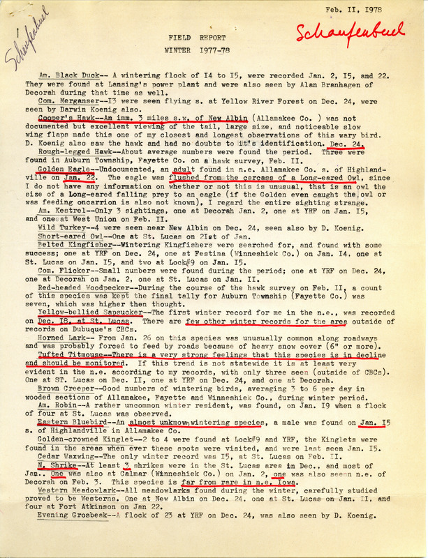 Field report for the winter of 1977-1978 submitted by Joseph P. Schaufenbuel, February 11, 1978. This item was used as supporting documentation for the Iowa Ornithologists Union Quarterly field report of winter, 1977-1978.