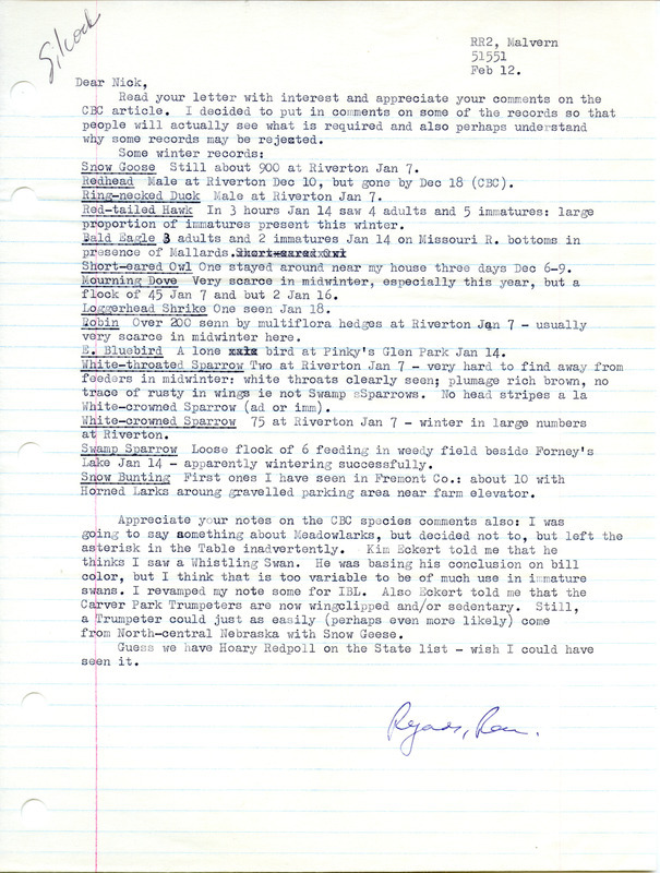 Letter from Ross W. Silcock to Nicholas S. Halmi regarding bird sightings, February 12, 1978. This item was used as supporting documentation for the Iowa Ornithologists Union Quarterly field report of winter, 1977-1978.