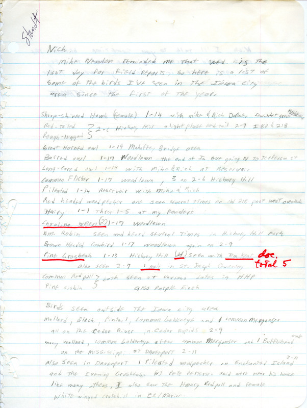 Letter from Thomas J. Staudt to Nicholas S. Halmi regarding bird sightings in the Iowa City area. Notes discussing sightings of a Carolina Wren and a Pine Grosbeak are noted. This item was used as supporting documentation for the Iowa Ornithologists Union Quarterly field report of winter, 1977-1978.