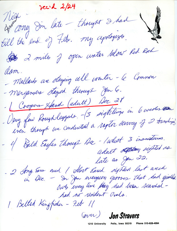 Letter from Jon Stravers to Nicholas S. Halmi regarding bird sightings. A note mentioning the sighting of a Cooper's Hawk is underlined. This item was used as supporting documentation for the Iowa Ornithologists Union Quarterly field report of winter, 1977-1978.