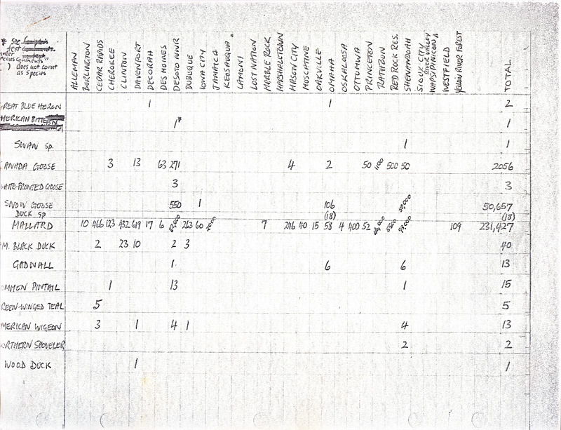 Table of a compilation of bird sighting statistics in Iowa. The data is displayed by bird type and the location of the sighting. This item was used as supporting documentation for the Iowa Ornithologists Union Quarterly field report of winter, 1977-1978.