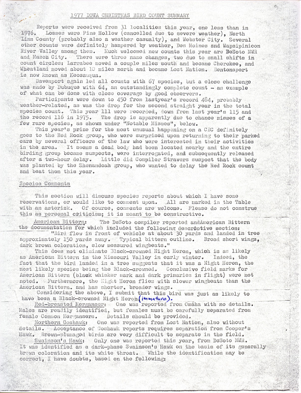 Iowa Christmas bird County summary from the 31 reporting localities for 1977. This item was used as supporting documentation for the Iowa Ornithologists' Union Quarterly field report of Winter 1976-1977.