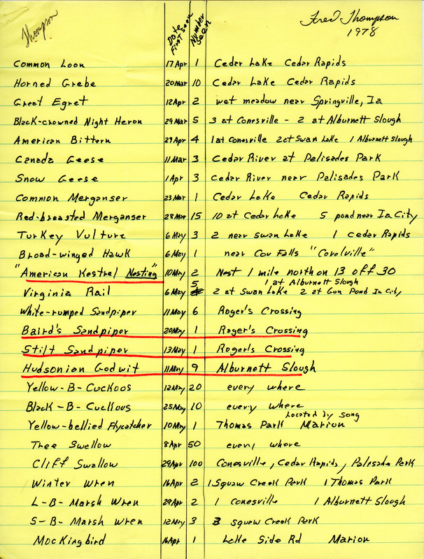 Field report of spring bird sightings submitted by Fred K. Thompson, 1978. This item was used as supporting documentation for the Iowa Ornithologists Union Quarterly field report of spring, 1978.