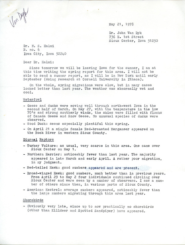 Letter from Jon Van Dyk to Nicholas S. Halmi regarding bird sightings, May 21, 1978. Many of the sightings were made in Sioux County. This item was used as supporting documentation for the Iowa Ornithologists Union Quarterly field report of spring, 1978.