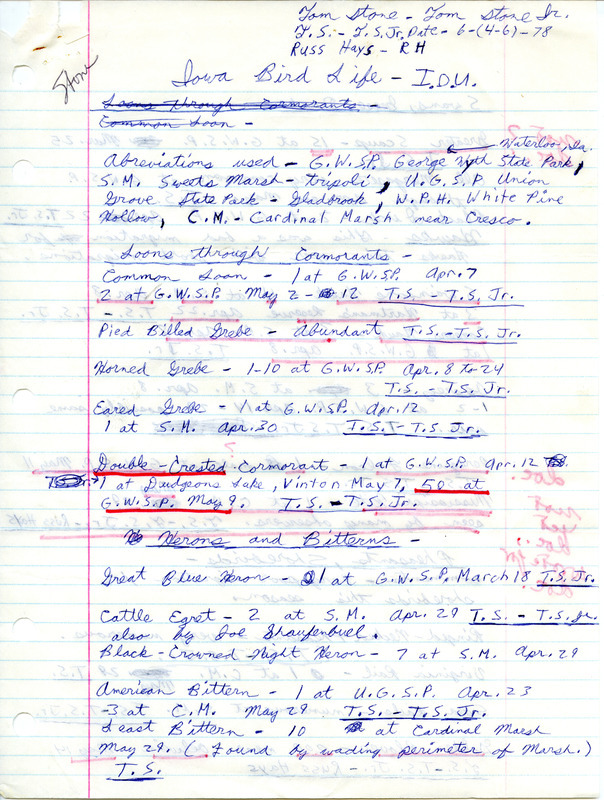 Field report title "Iowa Bird Life, Iowa Ornithologist's Union" submitted by Tom Stone. Sightings were made at George Wyth Memorial State Park, Sweet March, Union Grove State Park, and Cardinal Marsh State Wildlife Area. This item was used as supporting documentation for the Iowa Ornithologists Union Quarterly field report of spring, 1978.