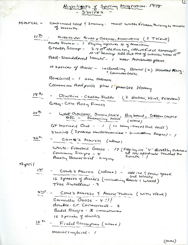 Field report titled "Highlights of Spring Migration" by Thomas K. Shires. This item was used as supporting documentation for the Iowa Ornithologists Union Quarterly field report of spring, 1978.