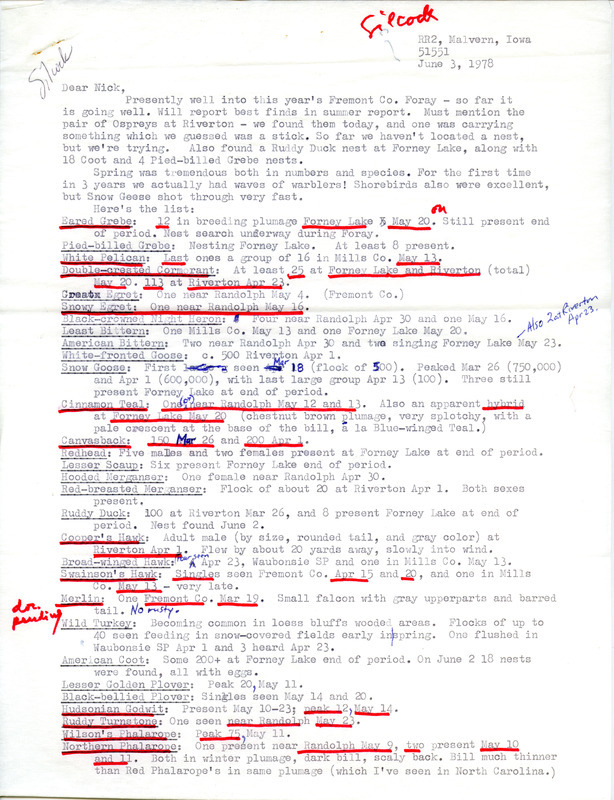 Letter from Ross W. Silcock to Nicholas S. Halmi regarding bird sightings, June 3, 1978. The sighting of a pair of Ospreys possibly building a nest in Riverton is mentioned at the beginning of the letter. Many of the birds discussed in the letter are shorebirds. This item was used as supporting documentation for the Iowa Ornithologists Union Quarterly field report of spring, 1978.