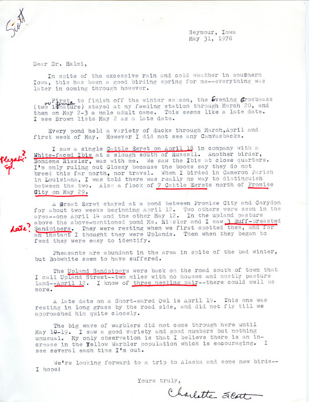 Letter from Charlotte Scott to Nicholas S. Halmi regarding spring bird sightings, May 31, 1978. This item was used as supporting documentation for the Iowa Ornithologists Union Quarterly field report of spring, 1978.