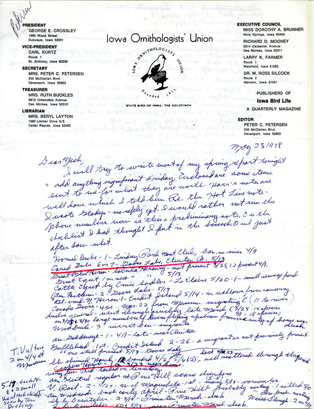 Letter from Peter C. Petersen to Nicholas S. Halmi, regarding spring bird sightings, May 23, 1978. This item was used as supporting documentation for the Iowa Ornithologists Union Quarterly field report of spring, 1978.