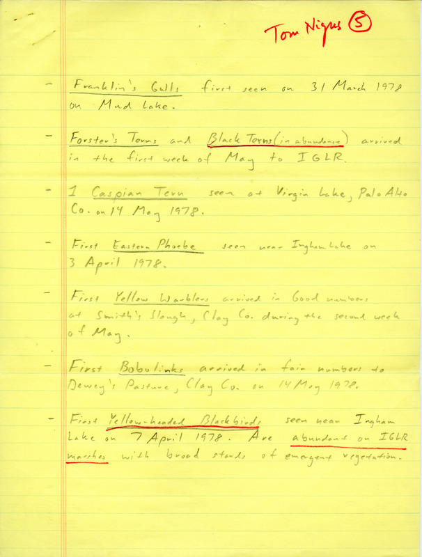 Field notes of bird sightings titled "spring observations, 1978, Northwest Iowa," submitted by Tom Nigus. This item was used as supporting documentation for the Iowa Ornithologists Union Quarterly field report of spring, 1978.