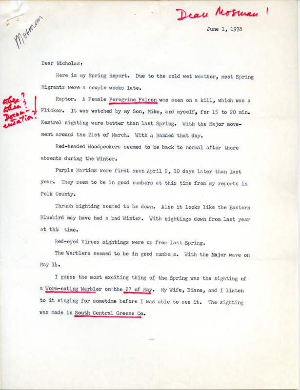 Letter from Dean Mosman to Nicholas S. Halmi regarding bird sightings, June 1, 1978. The letter begins by stating that it had been a poor migration year. Notes underlined mention the sightings of a Peregrine Falcon on a kill, a Worm-eating Warbler in Greene County, and Yellow-headed Blackbirds in Ankeny. This item was used as supporting documentation for the Iowa Ornithologists Union Quarterly field report of spring, 1978.