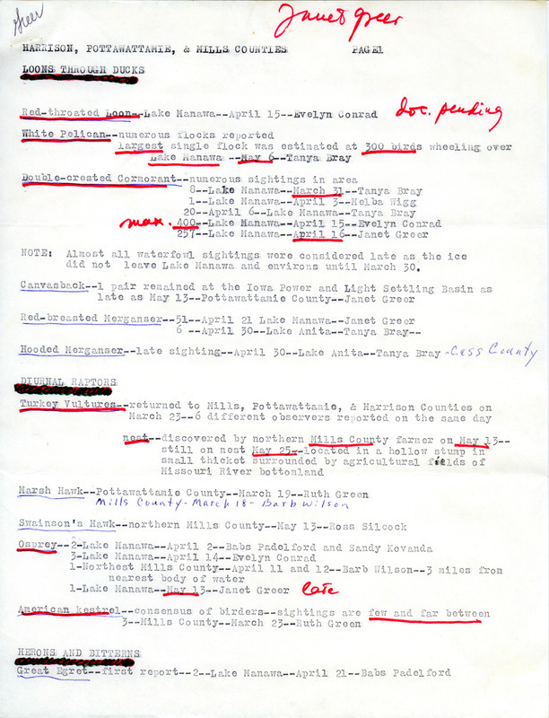 Field report of bird sightings in Harrison, Pottawattamie, and Mills County, submitted by Janet G. Greer. This item was used as supporting documentation for the Iowa Ornithologists Union Quarterly field report of spring, 1978.