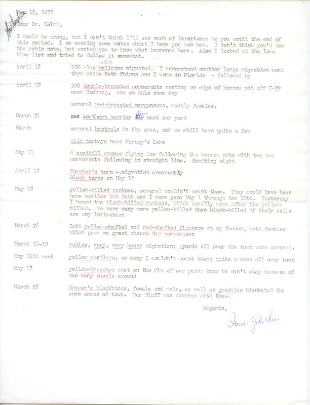 Letter from Ione Getscher to Nicholas S. Halmi regarding bird sightings, May 19, 1978. This item was used as supporting documentation for the Iowa Ornithologists Union Quarterly field report of spring, 1978.