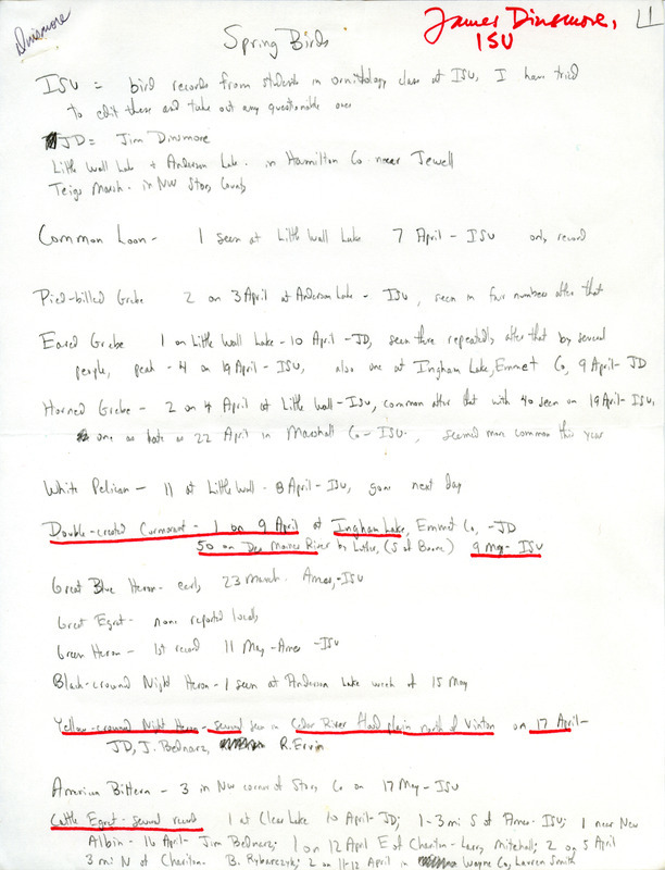 Field report titled "spring birds," submitted by James J. Dinsmore. Some of the sightings were made by students of an ornithology class at Iowa State University. This item was used as supporting documentation for the Iowa Ornithologists Union Quarterly field report of spring, 1978.